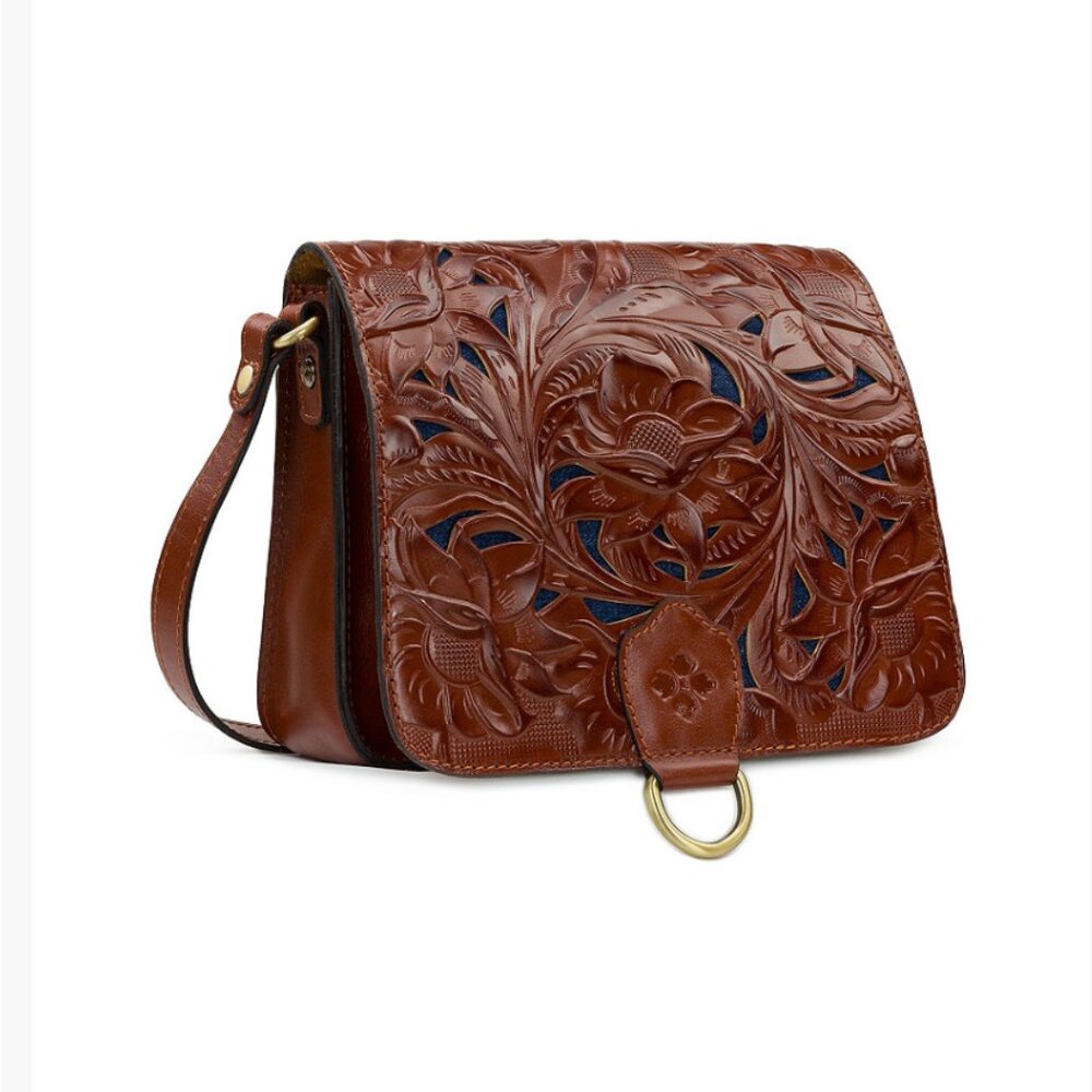 Patricia Nash ILINA Cut Out Tooled Leather Flap Crossbody HandBag Whiskey